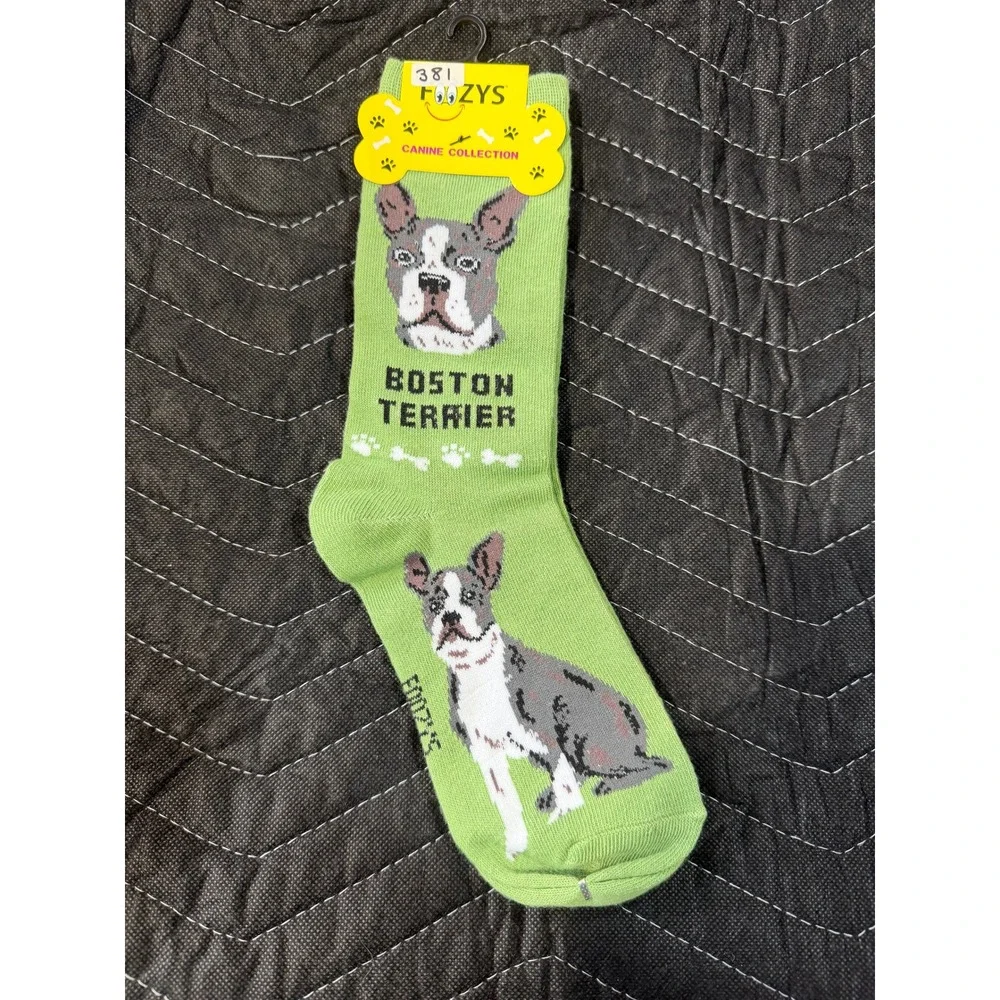 Foozys Boston Terrier Socks Womens 9-11 Green NWT Canine Collection Novelty Dog